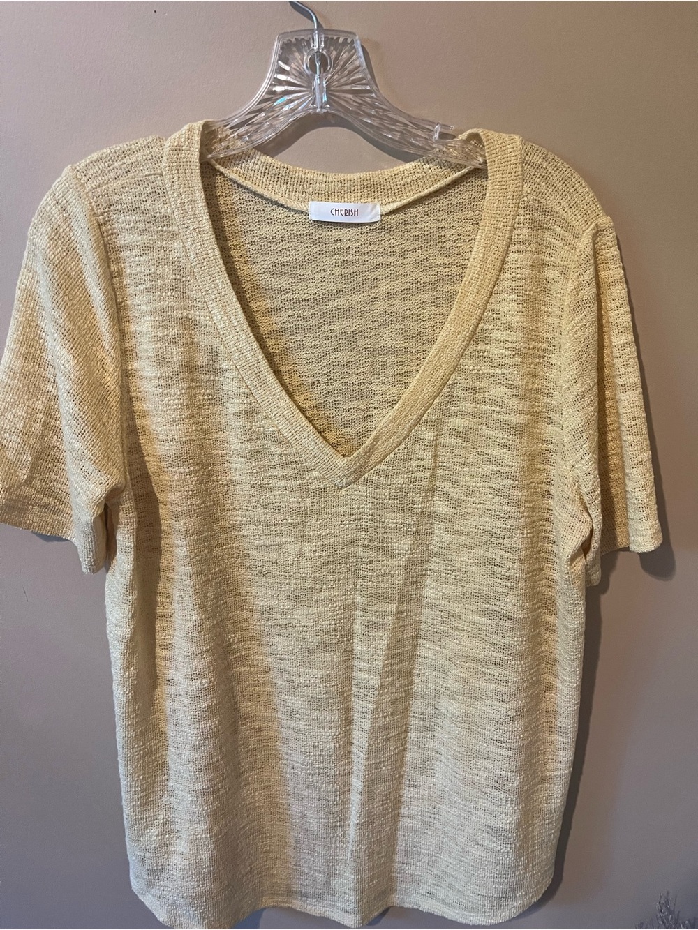 Cherish Light Cream V-Neck Short Sleeve Knit Top
